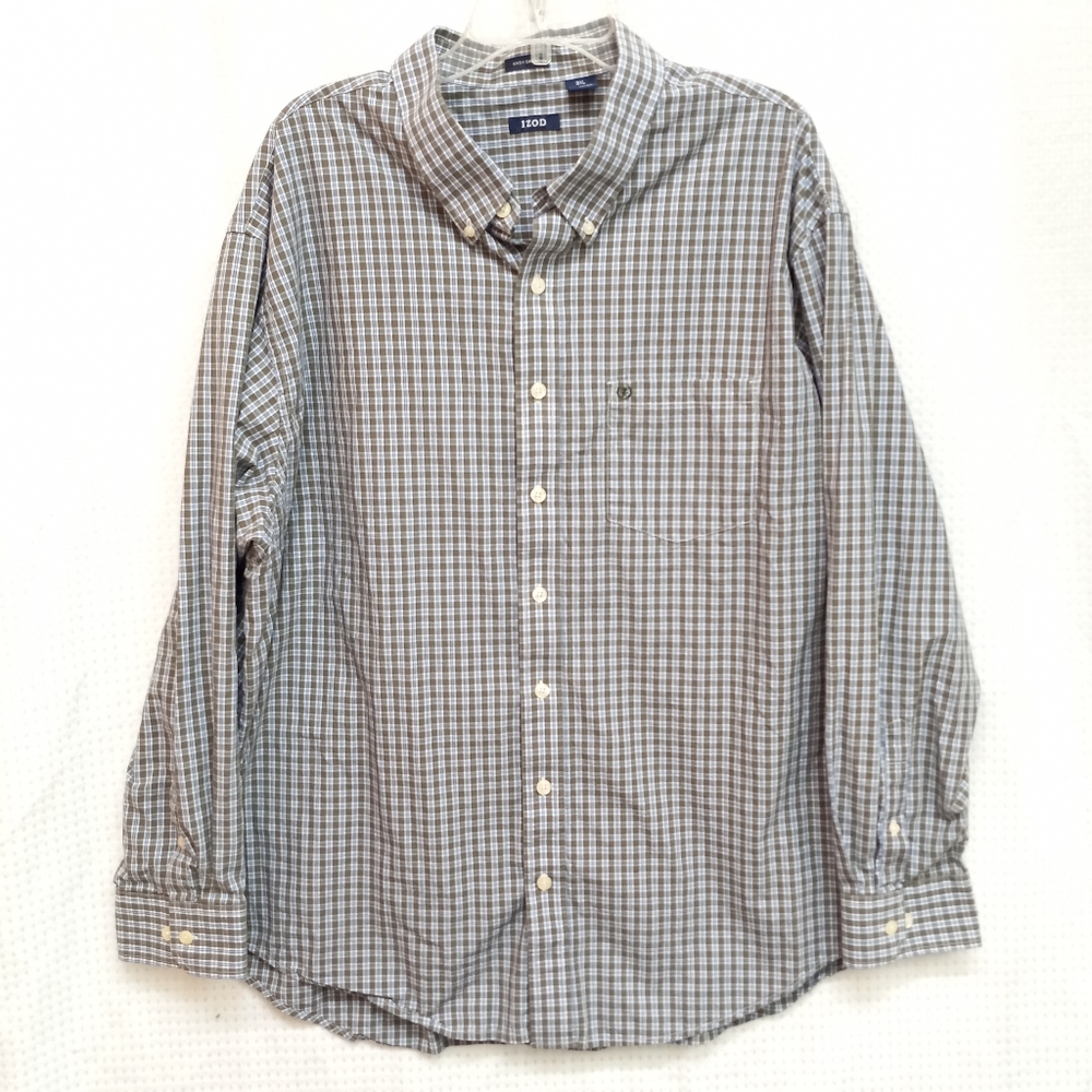 Sz 3XL IZOD Easy Care Olive Green & Blue Plaid Plain Weave Button Front Shirt